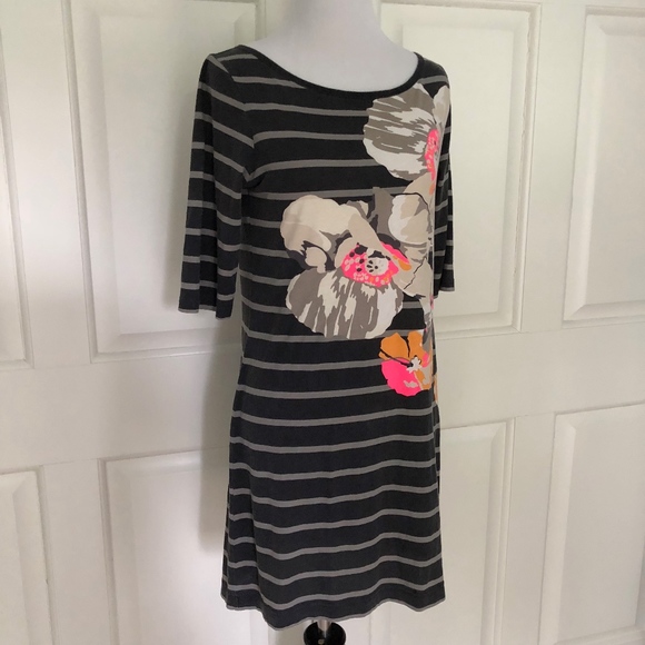 GRAY STRIPE ABSTRACT FLORAL COTTON JERSEY DRESS - Picture 2 of 6